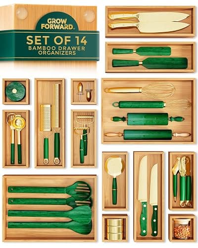 Grow Forward Bamboo Drawer Organizer Boxes - Set of 14 Wooden Drawer Organizers for Kitchen, Bathroom, Office, Desk, Vanity, Makeup - Non-Slip Junk Drawer Organizer Trays for Storage and Organization - Image 1