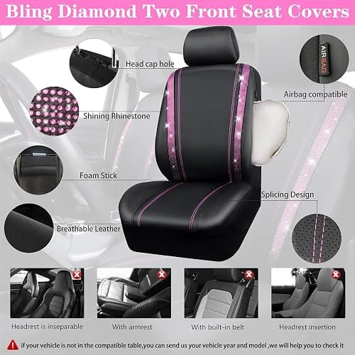 CAR PASS Bling Diamond Car Seat Covers Full Set, Shining Rhinestone Waterproof Faux Leather, Rear with Zipper, Universal Fit Automotive Glitter Crystal Sparkle Strips for Women Girl, Black Pink thumbnail 3