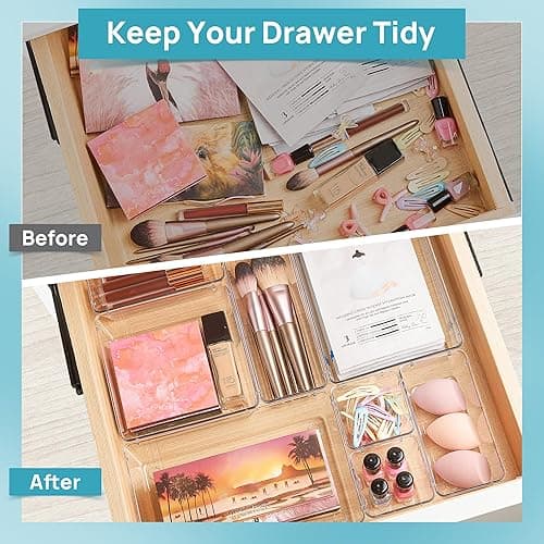 Vtopmart 25 PCS Clear Plastic Drawer Organizers Set, 4-Size Versatile Bathroom and Vanity Drawer Organizer Trays, Storage Bins for Makeup, Bedroom, Kitchen Gadgets Utensils and Office thumbnail 4