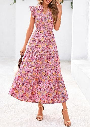 PRETTYGARDEN Women's 2026 Summer Floral Midi Dress Cap Sleeve V Neck Ruffle Long Flowy Boho Casual Beach Vacation Dresses thumbnail 8