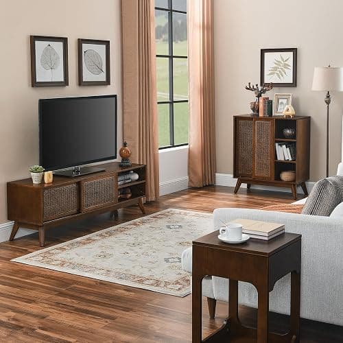 LKTART Mid Century Modern Storage Cabinet with Rattan Sliding Doors and Open Shelves, Boho Style Wooden Sideboard Buffet for Living Room,Dark Walnut thumbnail 7
