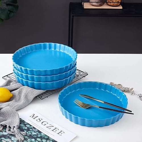 Bruntmor Ceramic Pie Pans Set of 4, Baking Dishes/Quiche Dish/Apple Pie/Tart. Oven Safe Nonstick Porcelain Round Baking Plate/Pot/Tart Pan. 10"/ Blue thumbnail 4