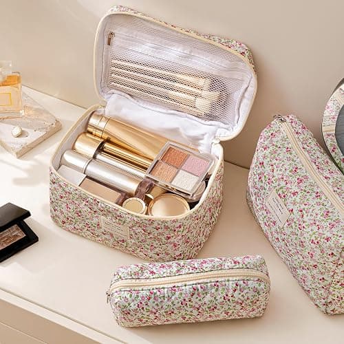HBselect Quilted Makeup Bag, 3PCS Cotton Large Travel Makeup Bag, Cute Floral Coquette Make up Bag Cosmetic Bag Toiletry Bag for Women Girls thumbnail 2