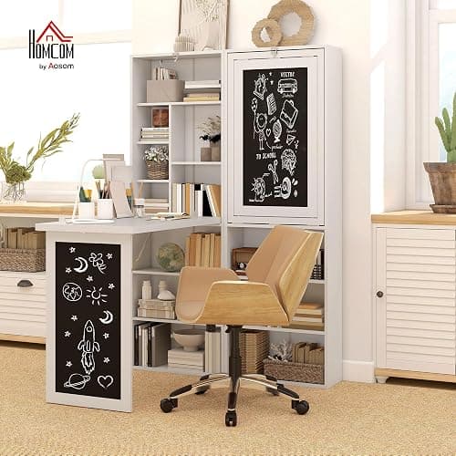 HOMCOM Fold-Out Convertible Writing Table, Computer Desk with Blackboard and Side Shelf Multi-Function Home Office Workstation, White thumbnail 2