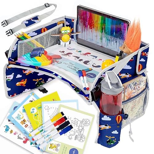 PILLANI Kids Travel Tray for Car - Toddler Airplane Travel Essentials w/ Activity Sheets, Pens & Dry Erase Board - Kids Travel - Must Have Toddler Lap Desk Organizer for Airplane - Travel Accessories - Image 1