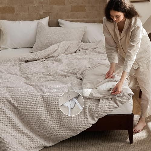 Bedsure Waffle Duvet Cover King - 100% Cotton Duvet Cover Linen Color, Space-Dyed for Enhanced Bedroom Aesthetics, GentleSoft™ and Stylish All-Season, 3-Piece Bedding Set with Button Closure, 104"x90" thumbnail 6