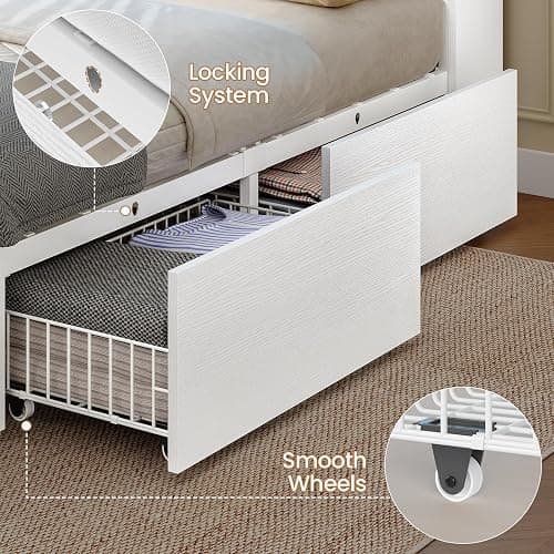 AOGLLATI Full Size Bed Frame with Storage Headboard and 6 Drawers, Wood Full Size Bed Frame with 4 Fabric Drawers and Hidden Storage, Charging Station and LED Lights, No Box Spring Needed, White thumbnail 8