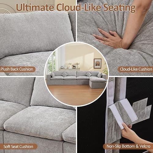 146''Cloud Boneless Sectional Couch, Modular Sectional Sofa Deep Seat with Ottoman, Oversized Upholstered Convertible Comfy 5 Seater Chenille Sofa L Shape Couches for Living Room, Light Grey thumbnail 6