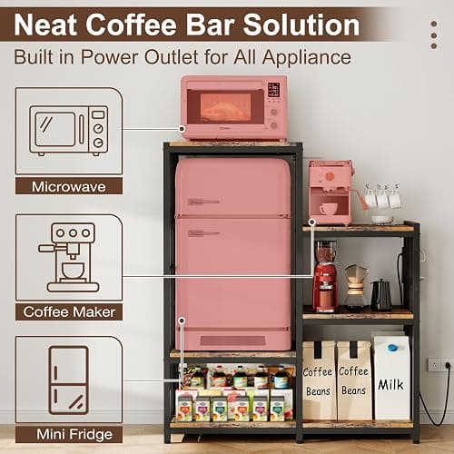 Mini Fridge Stand Coffee Bar Cabinet Station With Small Refrigerator Insert Storage Space, Shelf Organizer For Dorm Microwave To Sit On, Baker Rack With Power Outlet, Big Table To Go Over Hide Fridge thumbnail 3