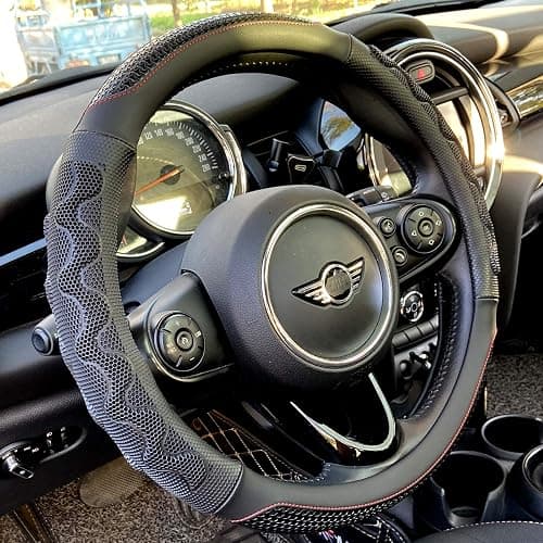 PINCTROT Steering Wheel Cover Great Grip with 3D Honeycomb Anti-Slip Design, Universal 14.5-15 Inch (Black/Red Stitch) - Image 1