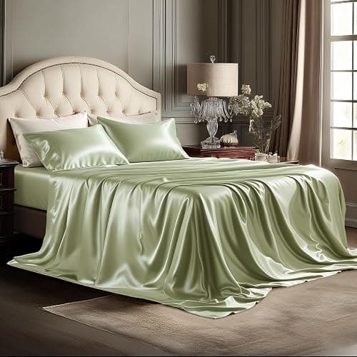 Bedsure Green Satin Sheets Full Size, Soft Silky Bedsheets for Hair & Skin | Similar to Silk Bed Sheets Set 4 Piece with 15 Inches Deep Pocket Fitted Sheet,1 Flat Sheet, 2 Satin Pillowcases - Image 1
