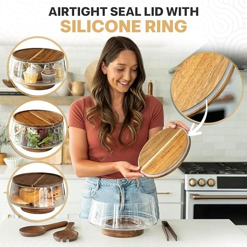 Oria Cook Large Glass Salad Bowl with Lid Set, 5.7 L Decorative Glass Mixing Bowl, Trifle and Serving Bowls with Lids as Cheese Charcuterie Board and Plate, Comes with Wood Serving Utensils thumbnail 6