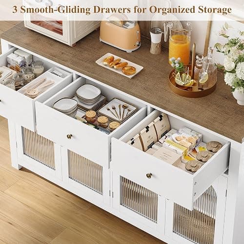FINETONES Buffet Cabinet with Storage, 55.1" Large Sideboard Buffet Cabinet, Farmhouse Kitchen Cabinets with 3 Drawers and 4 Doors, Wood Coffee Bar for Kitchen Dining Room thumbnail 7
