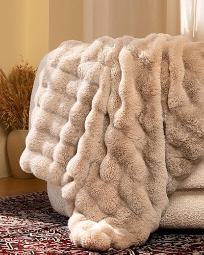 blunique Ultra Soft Cozy Faux Fur Throw Blanket, Fuzzy Plush Thick Bubble Blanket, Oversize Luxury Fluffy Blanket for Couch, Sofa, Bedroom, and Living Room, 50x60 Inches, Light Brown thumbnail 2
