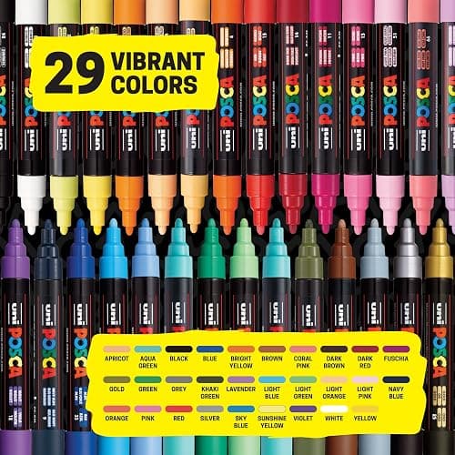 Uni Posca Paint Markers, 5M Medium Acrylic Markers with Reversible Tips, Artist Recommended For Gifts, Decorations, Fabric, Metal, Glass, Wood and Canvas, Assorted Colors, Set of 29 thumbnail 3