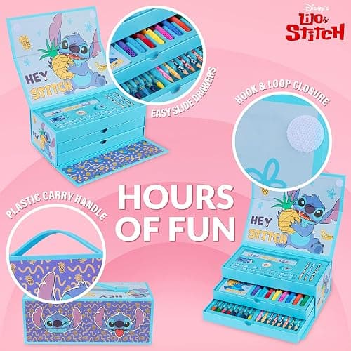 Disney Stitch Kids Colored Pencils Drawing Kit Art Set for Girls Boys Stationery with Notepad Crayons Markers Travel Case Gifts for Kids (Blue Stitch) - Blue thumbnail 4
