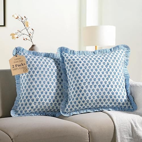 CPC Apatite Blue 100% Cotton Block Print Ruffle Pillow Cover 16X16 inch, Handmade Boho Floral Pillowcase, Farmhouse Cottagecore Bedding, Soft Decorative Cushion Cover for Bedroom Décor - Image 1