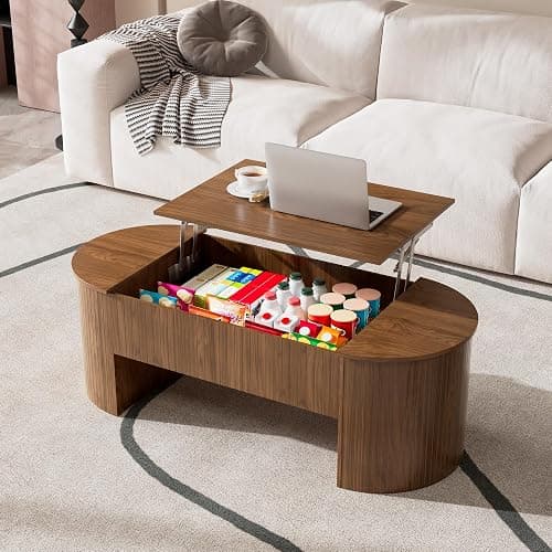 Lift Top Coffee Table with Hidden Storage, 47 Inch Oval Mid Century Modern Coffee Table with Lifting Top for Living Room, Large Wooden Center Table for Home Office (Walnut) thumbnail 3