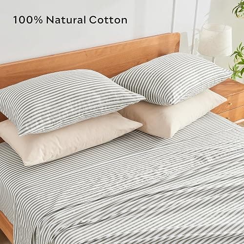 JELLYMONI 100% Natural Cotton Striped Standard Pillowcases Set, 2 Pack White and Grey Stripes Pattern Printed Pillow Covers with Envelope Closure(Pillows are not Included) thumbnail 4