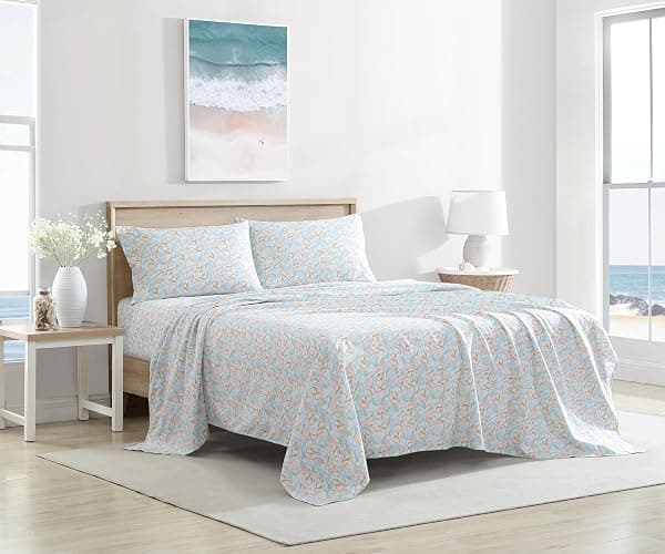 Coastal Print 3 Piece Twin Microfiber Sheet Set, Coco Pastel | Coastal/tropical theme polyester microfiber set with 12" deep pocket fitted elastic sheet thumbnail 7