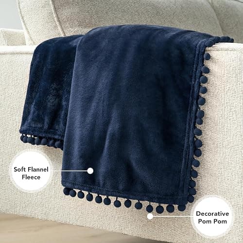 PAVILIA Fleece Throw Blanket for Couch with Pom Pom Fringe, Navy Blue, Soft Cozy Fuzzy Flannel Blanket for Sofa Bed, Lightweight Plush All Season Throw, 50x60 Inches thumbnail 4