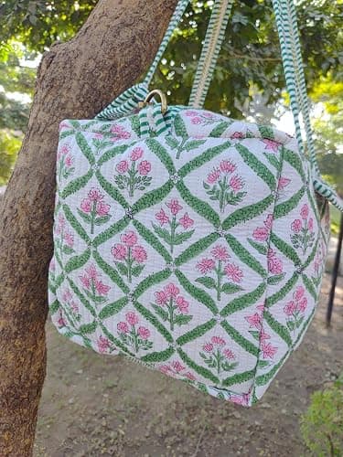 100% Cotton Floral Print Quilted Duffle Bags Large Size Beautiful Block Print Weekender Bags Handmade Shoulder Travel Overnight Bag thumbnail 4