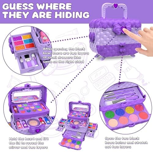 54 Pcs Kids Makeup Kit for Girls, Princess Real Washable Pretend Play Cosmetic Set Toys with Mirror, Birthday Gifts for 3 4 5 6 7 8 9 10 Years Old Girls Kids (Purple) thumbnail 3