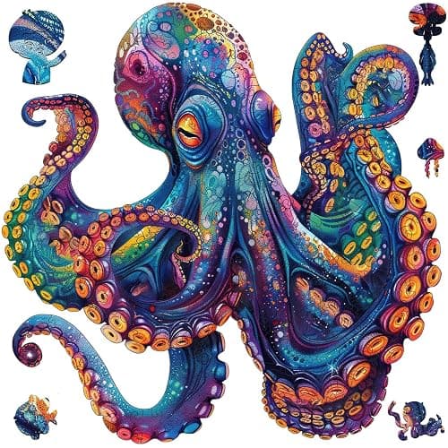 Qiuenisray Wooden Puzzles for Adults, Octopus Ocean Jigsaw Puzzles 200 Pieces, FSC Certified Unique Animal Adult Puzzles, Irregular Creative Gift for Family Game 11.2 x 11.2 in - Image 1