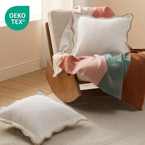 Double Stitch Scalloped Throw Pillow Covers - 100% Cotton Set of 2 Decorative Boho Pillow Covers 20 x 20, Made in India, Square Cushion Case, Modern Home Decor for Couch Sofa Living Room, Cream thumbnail 6