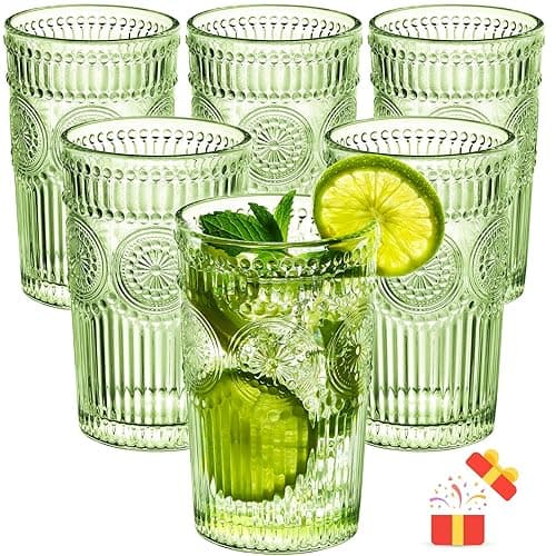 megarte Vintage Drinking Glasses Set - 12 Oz Romantic Embossed Glassware - Premium Glass Cocktail Cups for Water Juice Tea Beverage - Set of 6 - Green - Green - 6Pcs