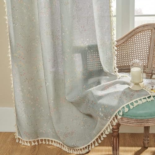 Joydeco Blue Floral Boho Curtains 84 Inch Length 2 Panels, Super Soft Bohemian Farmhouse Curtains with Tassels, Semi Sheer Light Filtering Drapes for Bedroom Living Room (Rod Pocket, 52Wx84L) - Floral 2 - 52"W x 84"L (Pack of 2) thumbnail 3