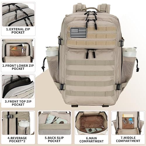 Lovelinks21 45L Tactical Assault Backpack 3 day assault pack with Molle Waterproof backpack Rucksack for Tactical Backpacks (Light Khaki) thumbnail 2