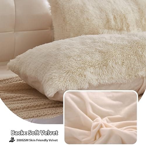 LIFEREVO Fluffy Faux Fur Standard Pillow Cases Set of 2, Beige | Soft Plush Shaggy Bed Pillowcases 20x26 with Hidden Zipper, Washable Decorative Fuzzy Long Pillow Shams for Bed Sofa Office thumbnail 4