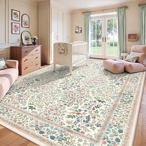 Yarooge 8x10 Area Rugs, Machine Washable Low Pile Floral Rugs for Living Room, Bedroom, Large Boho Area Rug with Non-Slip Backing for Dining Room(Pink Floral) thumbnail 4