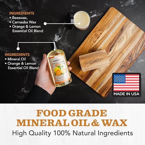 CLARK'S Food Grade Mineral Oil (12oz) and Carnauba Wax (6oz) Set - 100% Natural Butcher Block Oil and Cutting Board Wax - Food Safe Beeswax and Wood Cutting Board Oil with Orange & Lemon Extract thumbnail 3