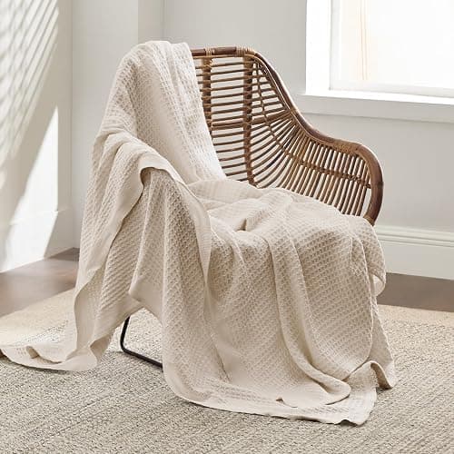 Bedsure Gentlesoft 100% Cotton Large Throw Blanket for Couch 50x70 inches - Breathable and Soft, Waffle Weave Throw Blanket for Office, Light Beige thumbnail 2