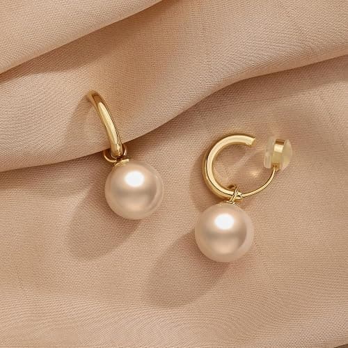 14K Gold Pearl Earrings for Women Vintage Clip On Dangle Earrings Non Pierced Earrings Lightweight Drop Dangle thumbnail 4