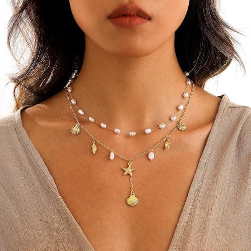 Shell Charm Necklace For Women Stack Seashell Pearl Dainty Starfish Beach Layered 14k Gold Plated Pendant Summer Boho Jewelry Gifts thumbnail 4