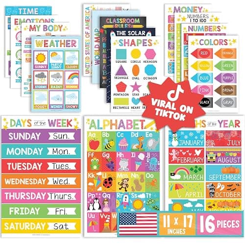 Hadley Designs 16 Educational Posters for Toddler Learning Activities - Laminated Pre-K Posters for Toddlers 1-3, Homeschool Essentials & Preschool Learning Activities, Kindergarten Classroom Decor - Image 1