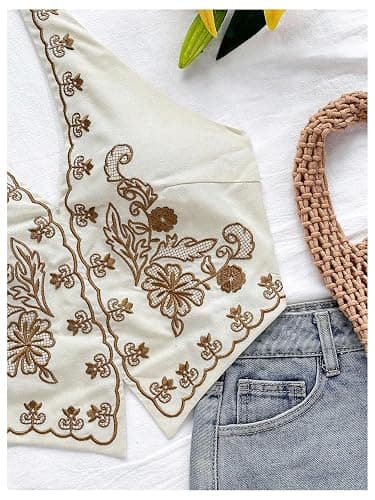 OYOANGLE Women's Summer Boho Halter Tops Western Tops Country Concert Tops | Halter,Embroidery,Backless,Bandana Top,Country Concert Outfits for Women,Festival,Vintage Tank Top thumbnail 2