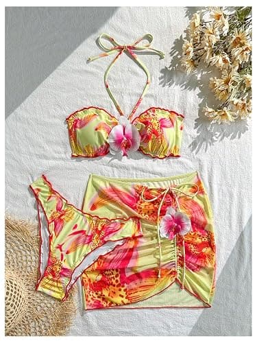 SOLY HUX Women's 3 Piece Swimsuit Floral Halter Bikini Set Beach Vacation Bathing Suit with Drawstring Cover Up Skirt thumbnail 5