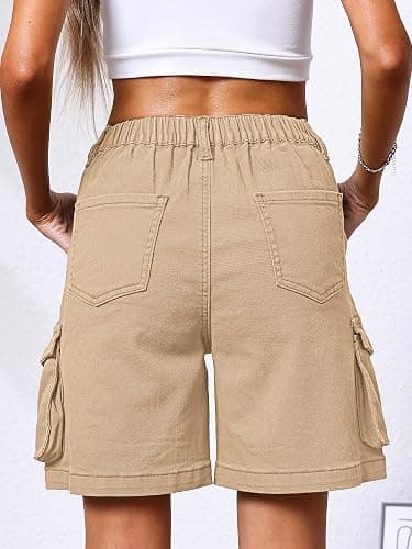 ELLEVEN Bermuda Cargo Shorts Women, Elastic High Waist 6 Pockets Shorts 7 Inch Inseam Summer Jorts for Women Casual thumbnail 2