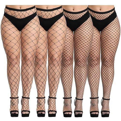Aneco 4 Pairs Plus Size Fishnets Tights Sexy Black Fishnet Pantyhose Stockings Cross Mesh Tights Thigh High Stockings - Image 1