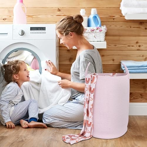 XUANGUO Cotton Rope Laundry Basket Hamper for Clothes Woven Storage Basket for Living Room Bedroom Boho Tall Rope Baskets for Blanket Toys Pillow Towels Baby Nursery Hamper Bin Large light pink thumbnail 4
