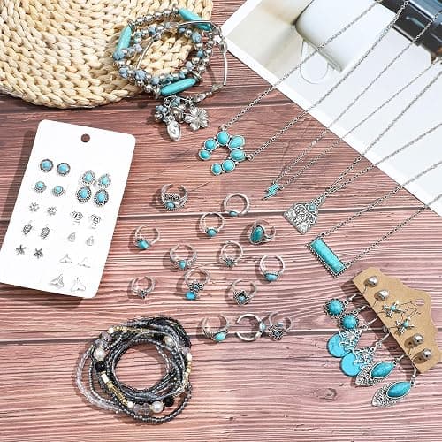 NEWITIN 20 Pieces Silver Bohemian Jewelry Set for Women Fashion Costume Jewels Turquoise Necklace Bracelet Ring Earrings Western Turquoise Jewelry Set for Women thumbnail 2