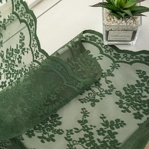 YJ YANJUN Vintage Lace Curtains 63 Inch Length-Victorian Floral Dark Olive Green Sheer Curtains 1 Pair Transparent Voile for Bedroom Kitchen Sunroom Bohemian Christmas Decor Rod Pocket W52 x L63 thumbnail 5