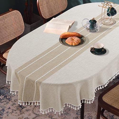 HOMBYS Solid Embroidery Oval Tablecloth with Tassels for Oval Table, 52 x 70 Inch Lace Dust-Proof Table Cover for Kitchen Dinning, Wrinkle Free Anti-Fading Tabletop Decoration - Image 1