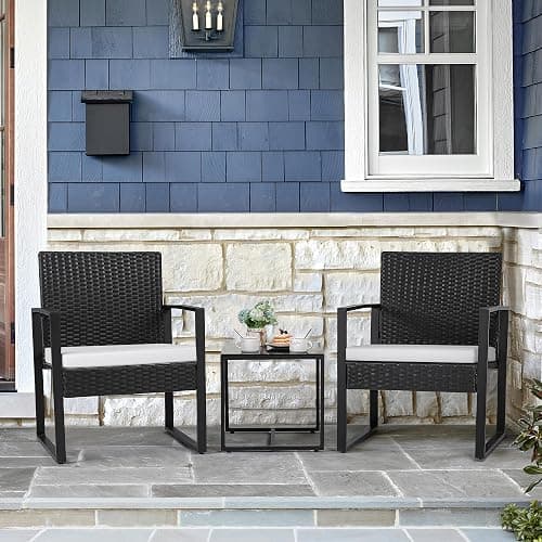 Flamaker 3 Pieces Patio Furniture Outdoor Wicker Modern Rattan Chair Conversation Sets with Coffee Table for Yard, Bistro(White) thumbnail 2
