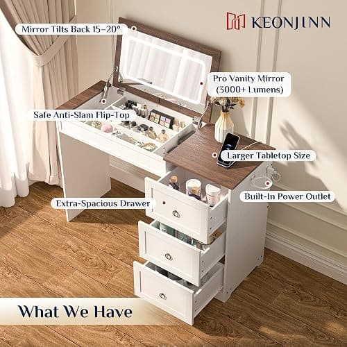Keonjinn White Flip Top Vanity Desk with Mirror and Lights, 3 Drawers, Dimmable 3 LED Lighting Modes, Charging Station & Hairdryer Rack, 46" W Modern Farmhouse Makeup Dressing Table, NO Chair Included thumbnail 4