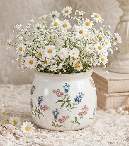 DREAMLOOM Vintage Ceramic Planter for Indoor Plants,6.1" Ice Crack Cottage Scroll Vase Tuscan Decor Flower Pots with Drainage Holes Home Kitchen Farmhouse Antique Decorative Gift (Red-Round) - Image 1